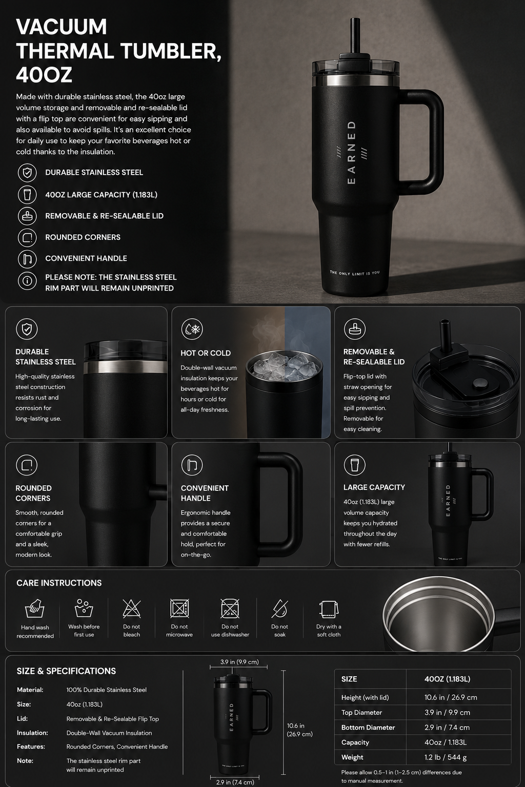 EARNED CORE — Black (40oz insulated performance tumbl)