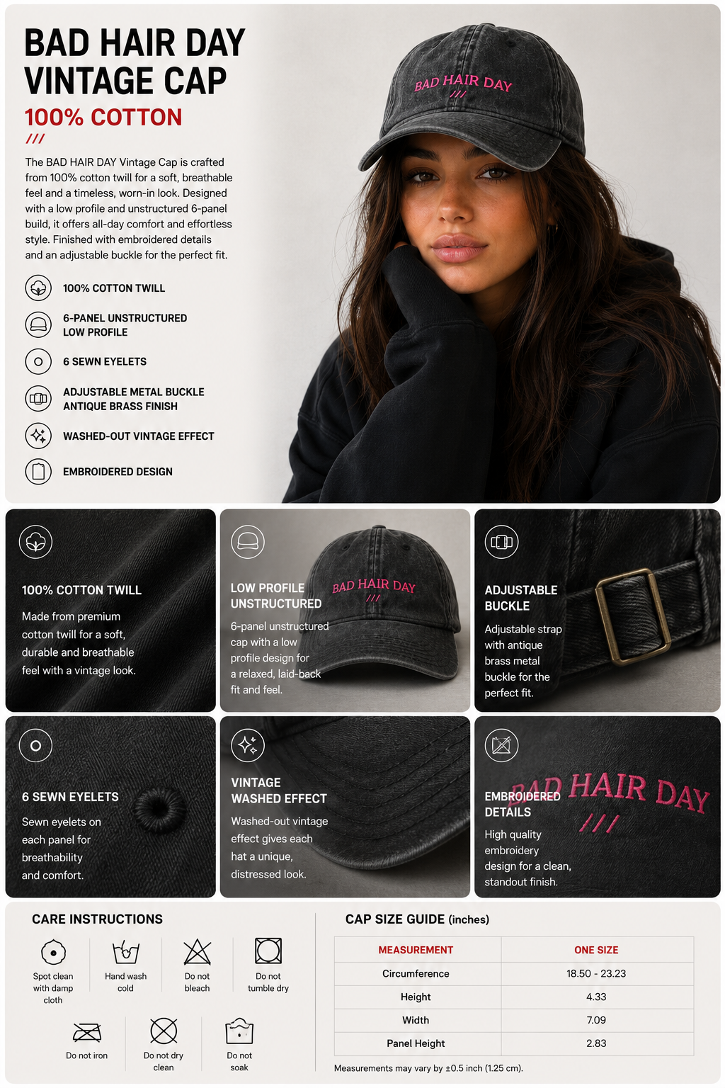 EARNED “Bad Hair Day” Vintage Cap — Washed Black Embroidered Hat